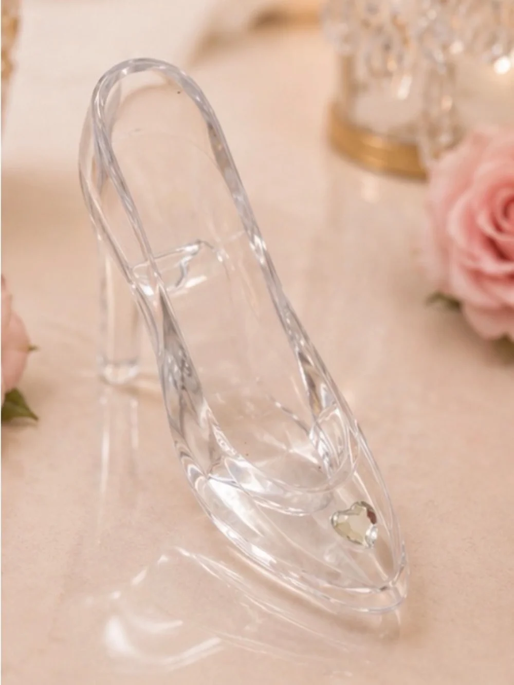 Clear Crystal Cinderella Shoe Decoration with Heart Accent - Clear